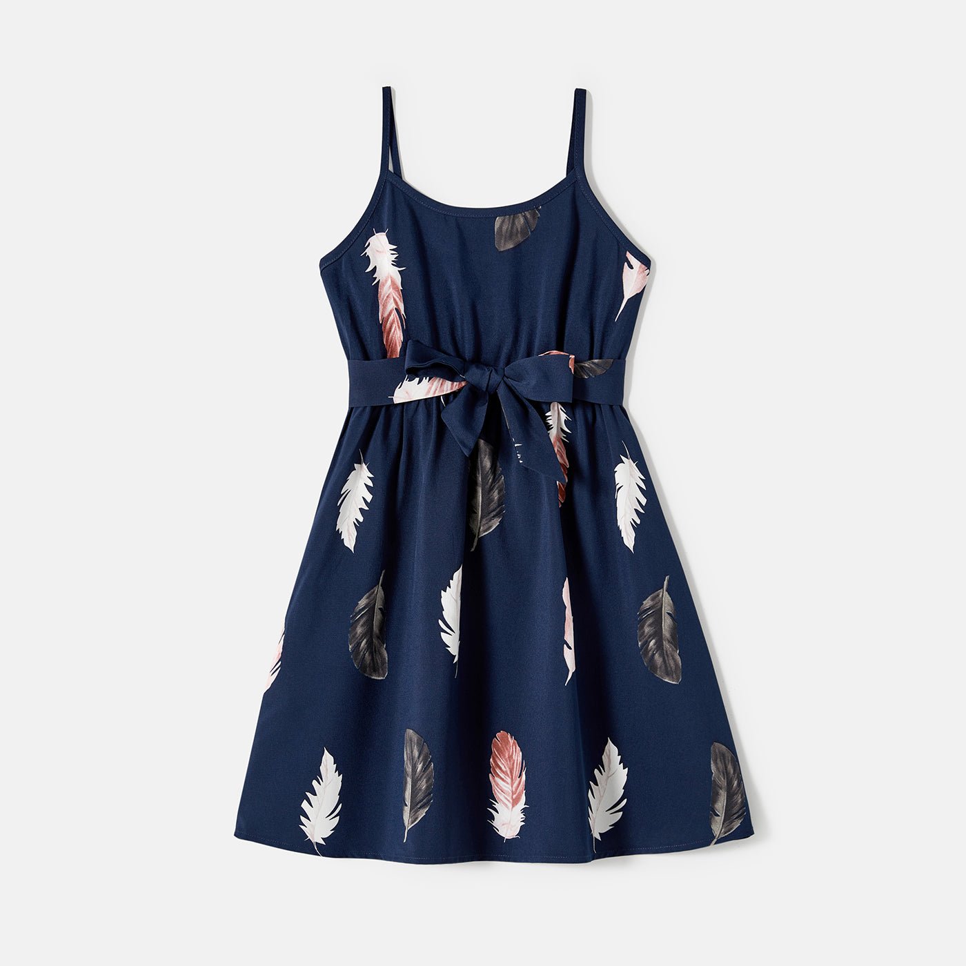 Family Matching Allover Feather Print Belted Cami Dresses and Short-sleeve Spliced Tee Sets - 20602585