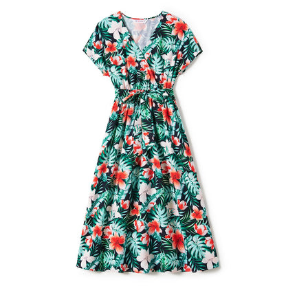 Family Matching Allover Floral Print Belted Dress and Short-sleeve Tee Sets - 20662594