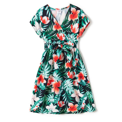 Family Matching Allover Floral Print Belted Dress and Short-sleeve Tee Sets - 20662594