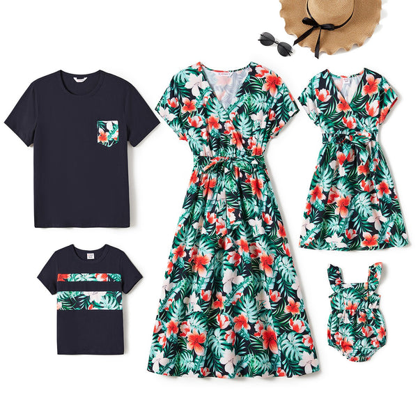 Family Matching Allover Floral Print Belted Dress and Short-sleeve Tee Sets - 20662594