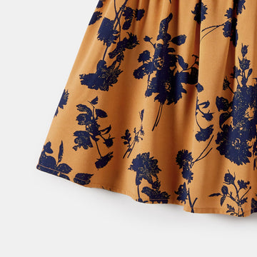 Family Matching Allover Floral Print Belted Dresses and Color Block Polo Neck T-shirts Sets - 20672430