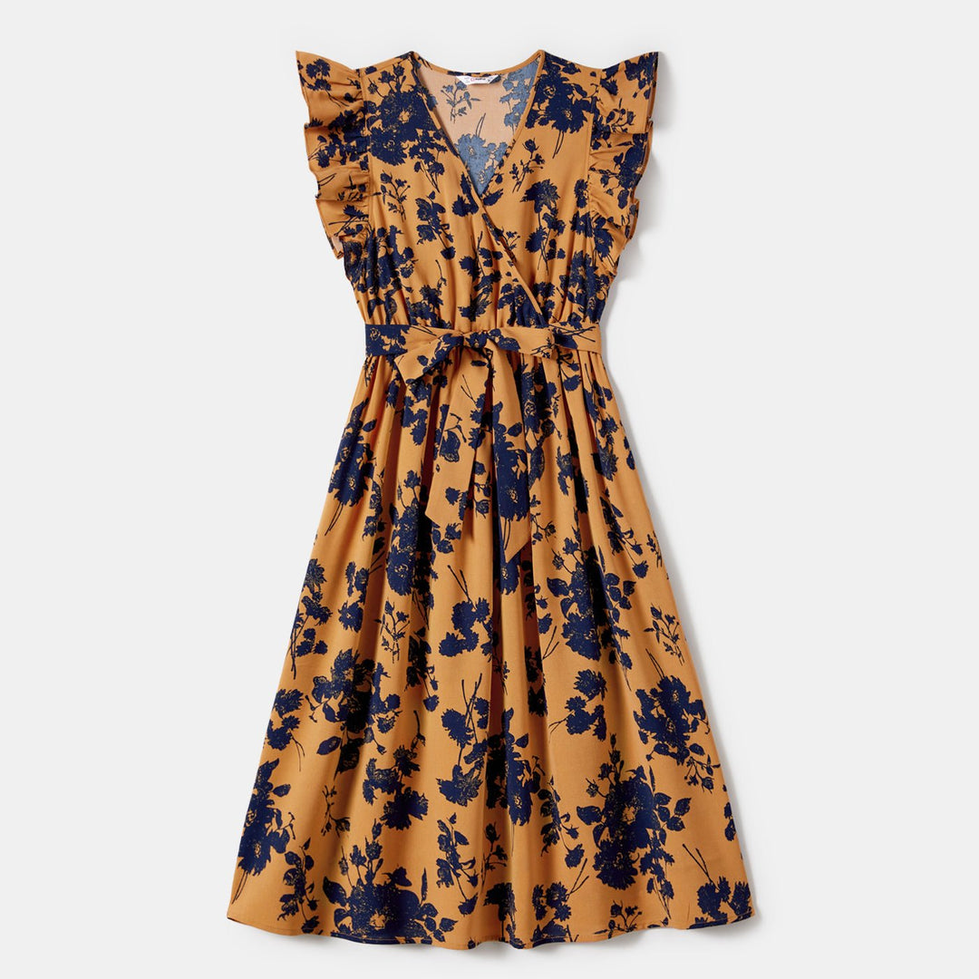 Family Matching Allover Floral Print Belted Dresses and Color Block Polo Neck T-shirts Sets - 20672430