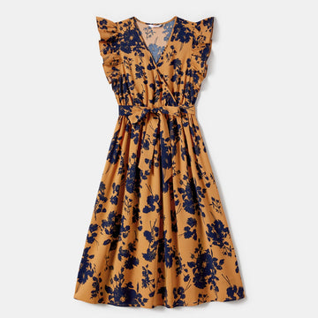 Family Matching Allover Floral Print Belted Dresses and Color Block Polo Neck T-shirts Sets - 20672430