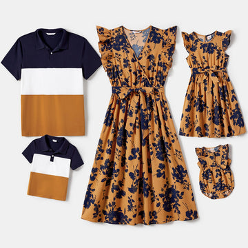 Family Matching Allover Floral Print Belted Dresses and Color Block Polo Neck T-shirts Sets - 20672430