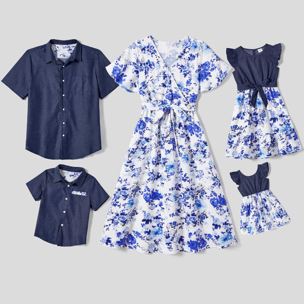 Family Matching Allover Floral Print Belted Short-sleeve Dresses and Shirts Sets - 20670228