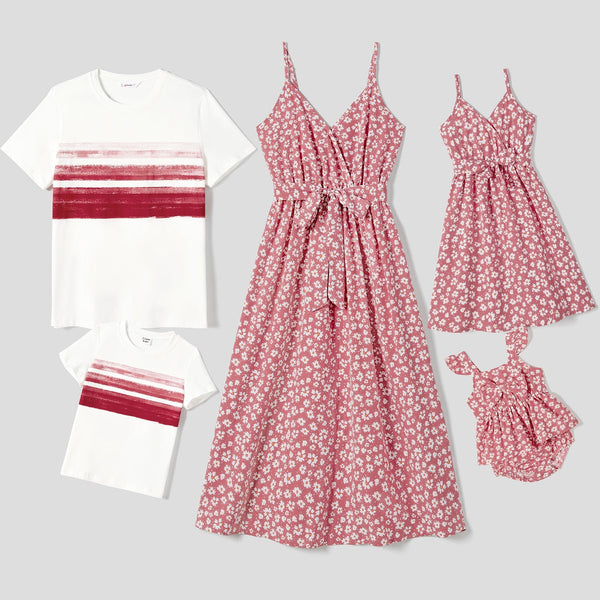 Family Matching Allover Floral Print Belted Slip Dresses and Striped Short-sleeve Cotton T-shirts Sets - 20658596