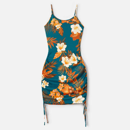 Family Matching Allover Floral Print Drawstring Ruched Bodycon Cami Dresses and Short-sleeve Spliced T-shirts Sets - 20610083