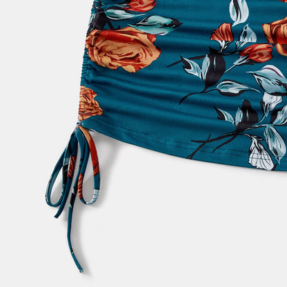 Family Matching Allover Floral Print Drawstring Ruched Bodycon Cami Dresses and Short-sleeve Spliced T-shirts Sets - 20610083