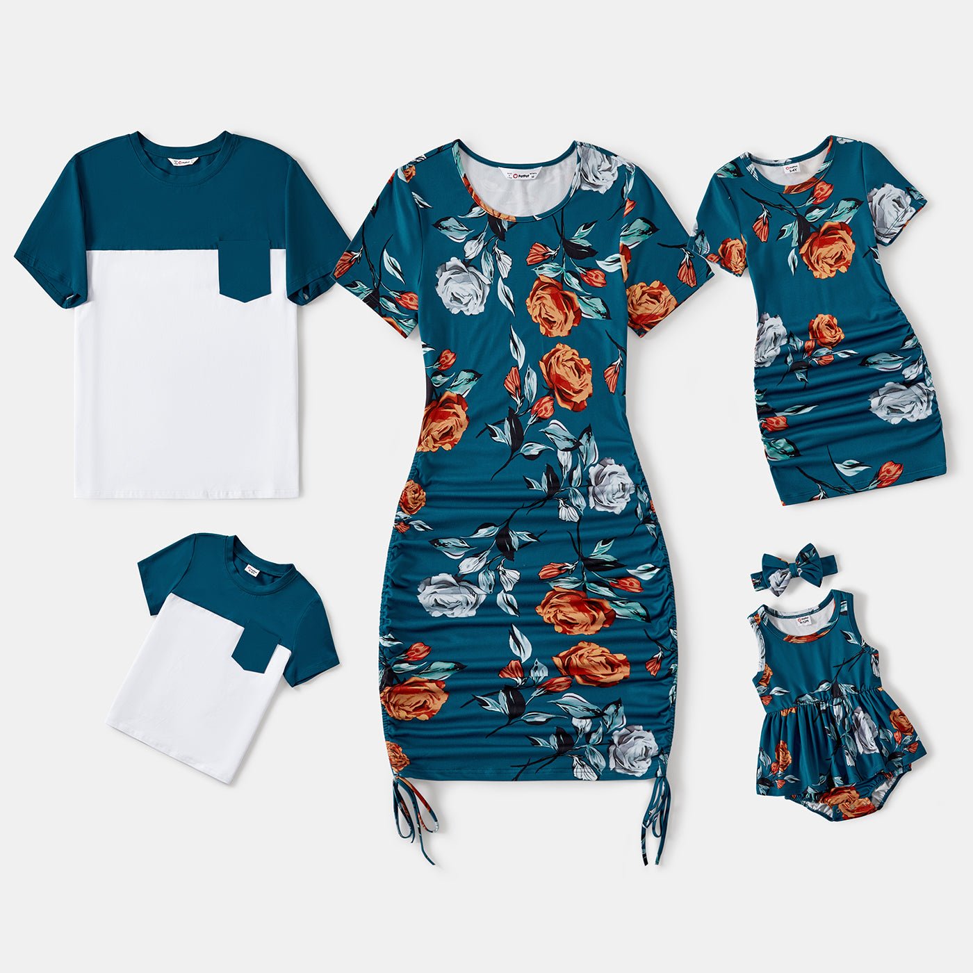 Family Matching Allover Floral Print Drawstring Ruched Bodycon Cami Dresses and Short-sleeve Spliced T-shirts Sets - 20610083