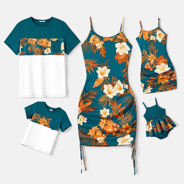 Family Matching Allover Floral Print Drawstring Ruched Bodycon Cami Dresses and Short-sleeve Spliced T-shirts Sets - 20610083