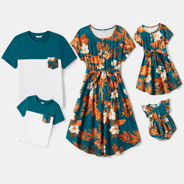 Family Matching Allover Floral Print Dresses and Short-sleeve Spliced T-shirts Sets - 20687134