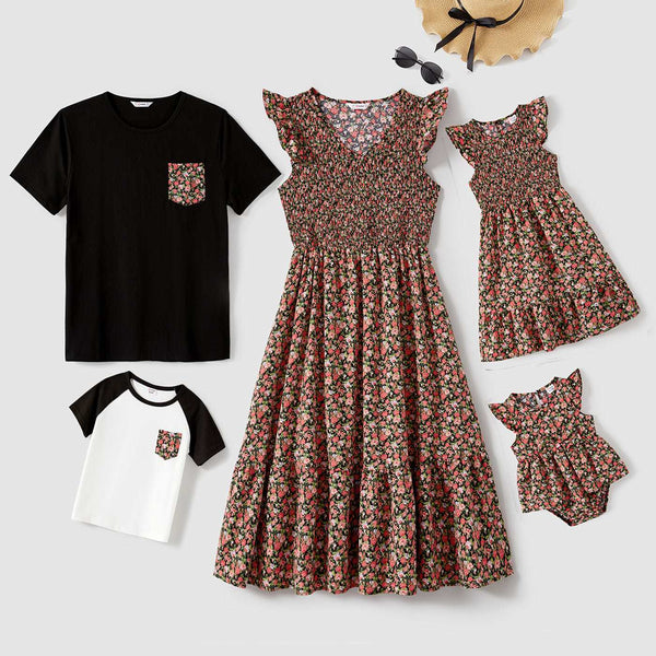 Family Matching Allover Floral Print Flutter-sleeve Dresses and Short-sleeve T-shirts Sets - 20624313