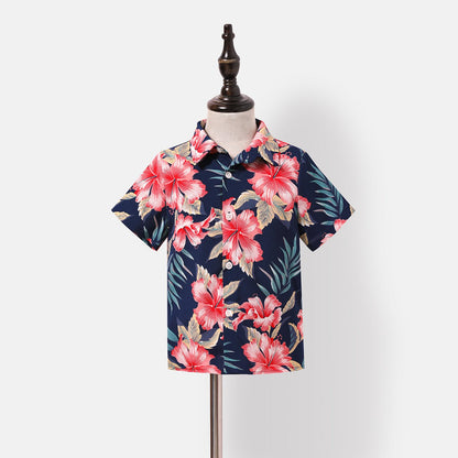 Family Matching Allover Floral Print Halterneck Dresses and Short-sleeve Shirts Sets - 20644460