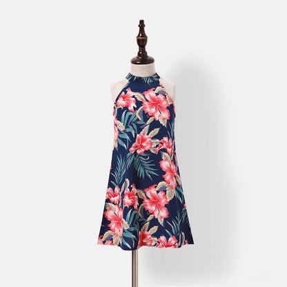 Family Matching Allover Floral Print Halterneck Dresses and Short-sleeve Shirts Sets - 20644460