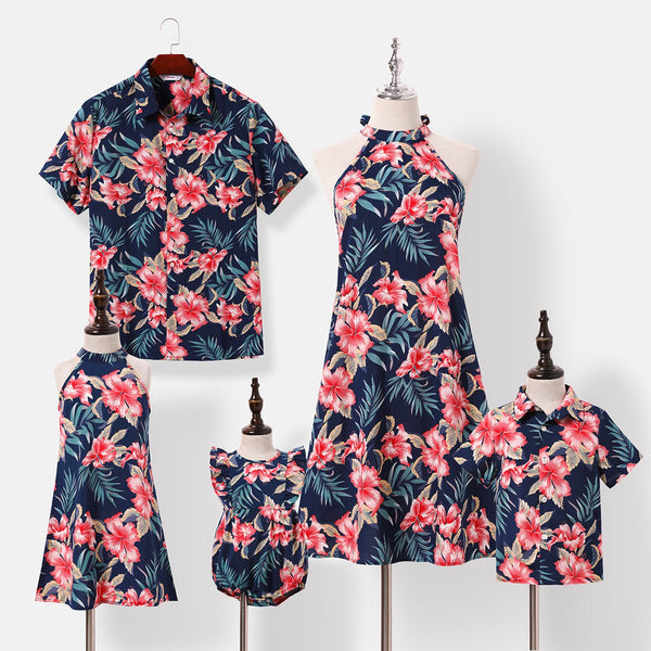 Family Matching Allover Floral Print Halterneck Dresses and Short-sleeve Shirts Sets - 20644460