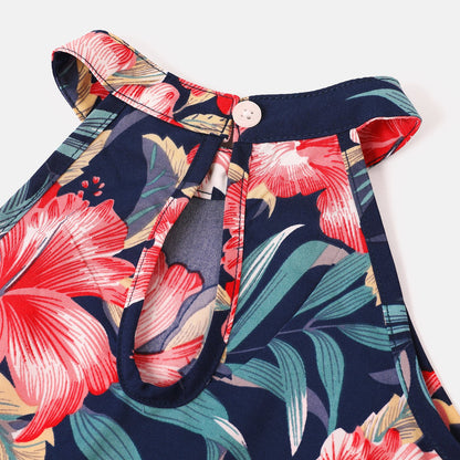 Family Matching Allover Floral Print Halterneck Dresses and Short-sleeve Shirts Sets - 20644460