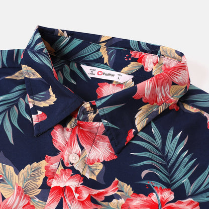 Family Matching Allover Floral Print Halterneck Dresses and Short-sleeve Shirts Sets - 20644460
