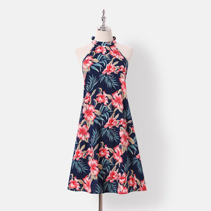 Family Matching Allover Floral Print Halterneck Dresses and Short-sleeve Shirts Sets - 20644460