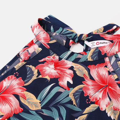Family Matching Allover Floral Print Halterneck Dresses and Short-sleeve Shirts Sets - 20644460