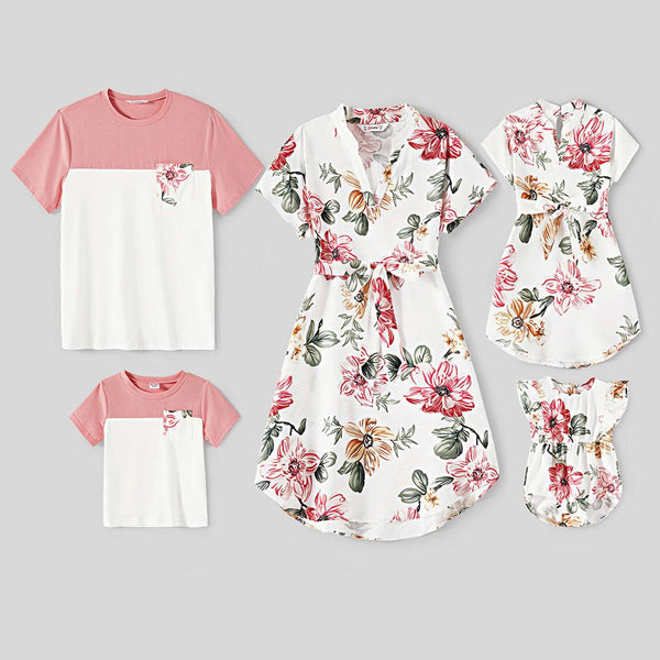 Family Matching Allover Floral Print Notched Neck Belted Dresses and Short-sleeve Colorblock T-shirts Sets - 20584577
