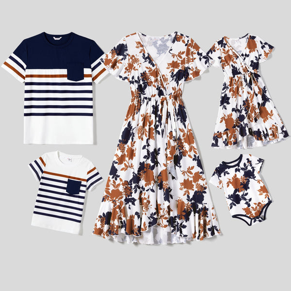 Family Matching Allover Floral Print Ruffled Knot Side Wrap Dresses and Stripe Panel Short-sleeve T-shirts Sets - 20659333