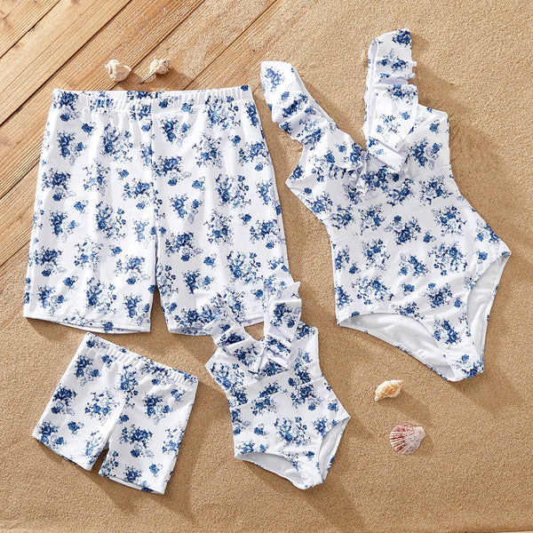 Family Matching Allover Floral Print Ruffled One-piece Swimsuit or Swim Trunks Shorts - 20656749