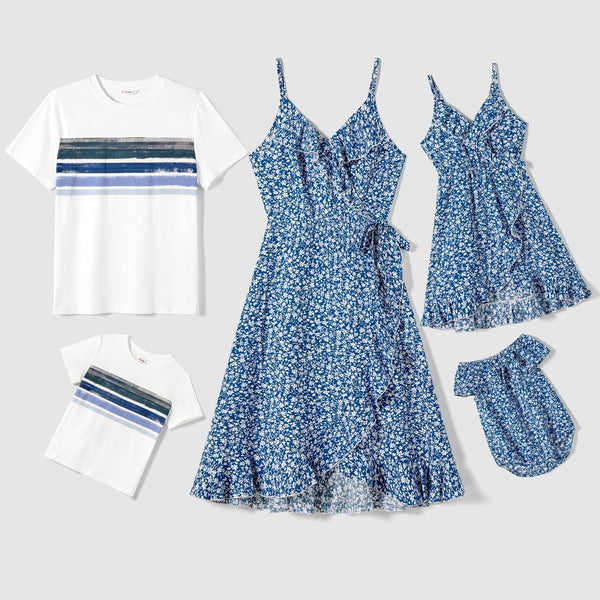 Family Matching Allover Floral Print Ruffled Slip Dresses and Cotton Striped T-shirts Sets - 20675931