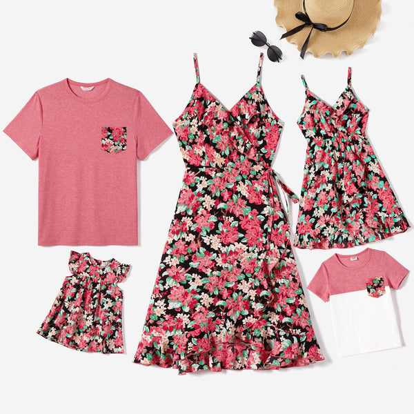 Family Matching Allover Floral Print Ruffled Wrap Knot Side Cami Dresses and Short-sleeve T-shirts Sets - 20662500