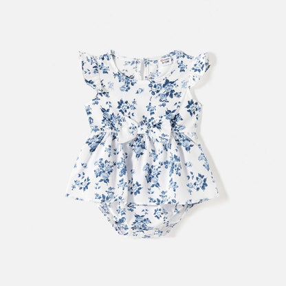 Family Matching Allover Floral Print Shirred Tiered Dresses and Short-sleeve Colorblock T-shirts Sets - 20578511