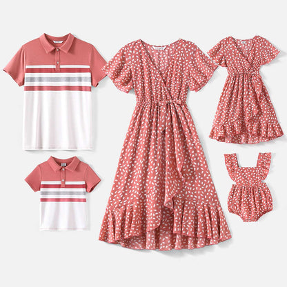 Family Matching Allover Floral Print Shirred Tiered Dresses and Short-sleeve Colorblock T-shirts Sets - 20589834