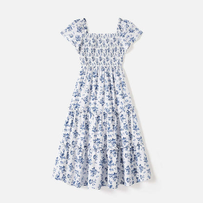 Family Matching Allover Floral Print Shirred Tiered Dresses and Short-sleeve Colorblock T-shirts Sets - 20578511