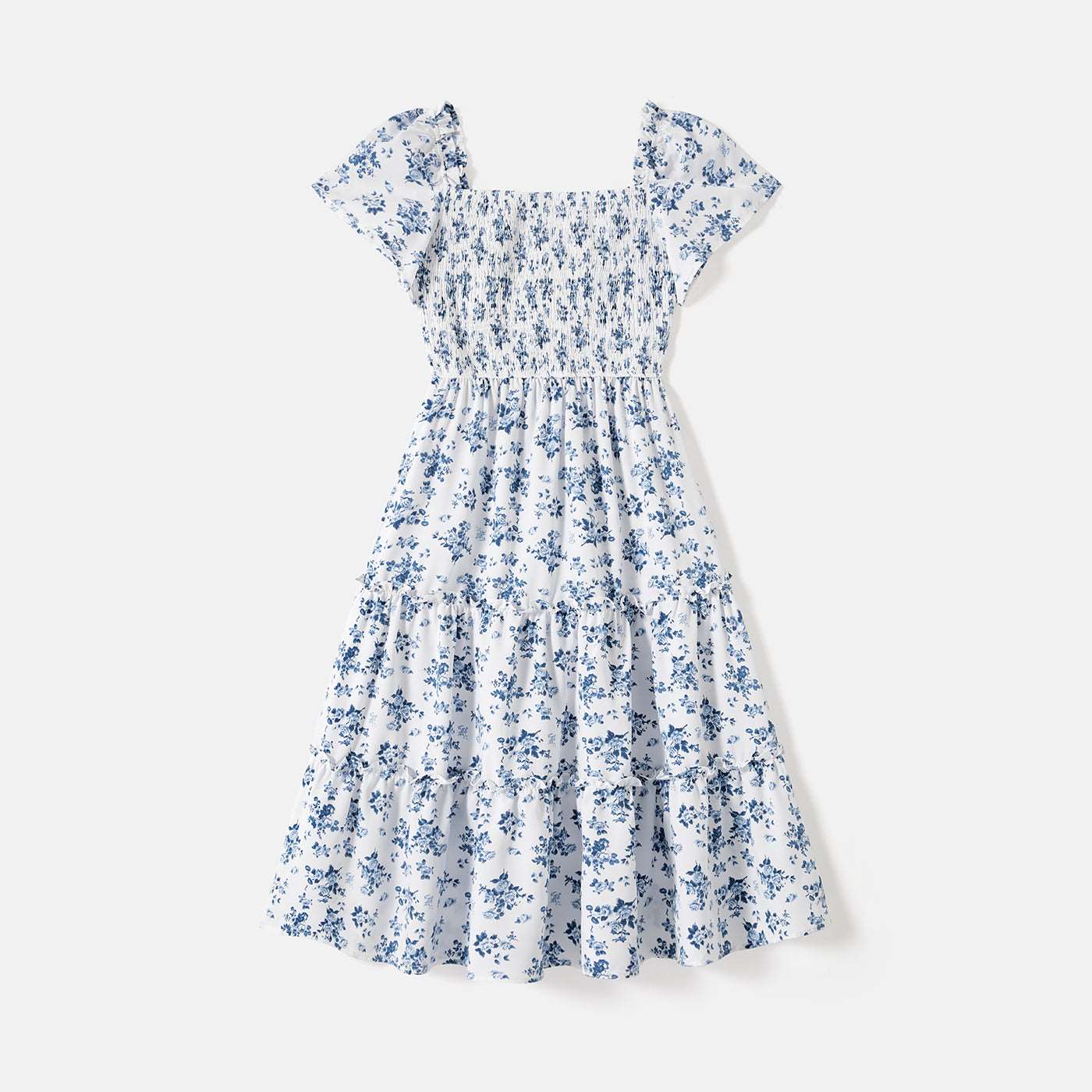 Family Matching Allover Floral Print Shirred Tiered Dresses and Short-sleeve Colorblock T-shirts Sets - 20578511