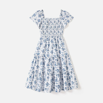 Family Matching Allover Floral Print Shirred Tiered Dresses and Short-sleeve Colorblock T-shirts Sets - 20578511