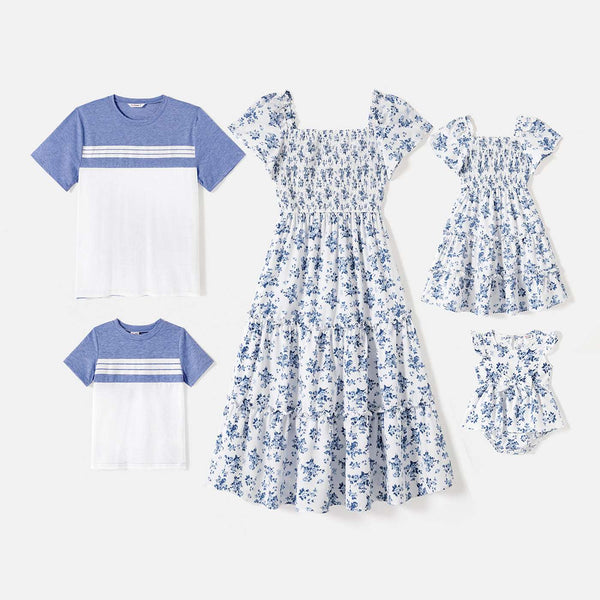 Family Matching Allover Floral Print Shirred Tiered Dresses and Short-sleeve Colorblock T-shirts Sets - 20578511