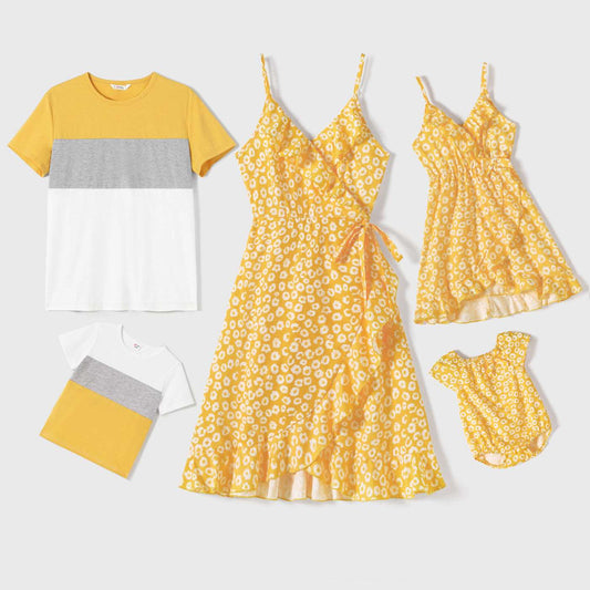Family Matching Allover Floral Print Shirred Tiered Dresses and Short-sleeve Colorblock T-shirts Sets - 20437050