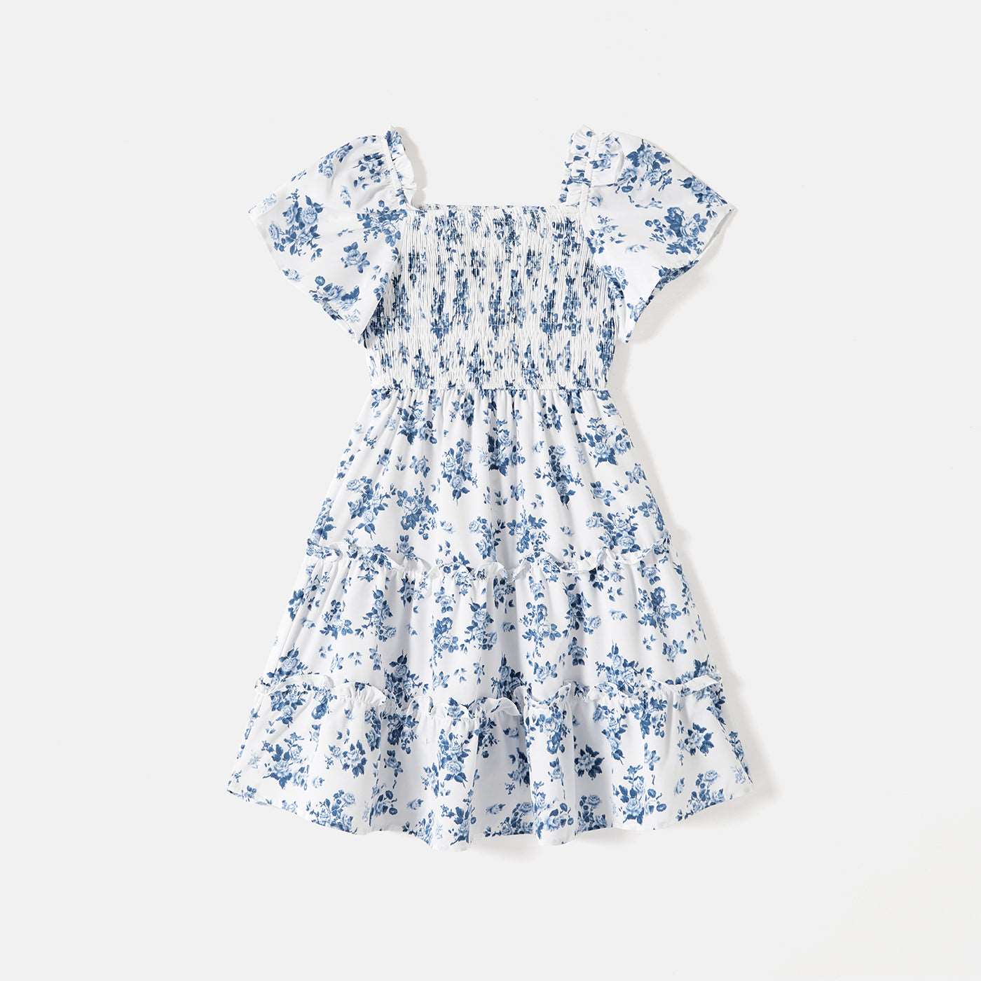 Family Matching Allover Floral Print Shirred Tiered Dresses and Short-sleeve Colorblock T-shirts Sets - 20578511