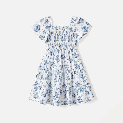 Family Matching Allover Floral Print Shirred Tiered Dresses and Short-sleeve Colorblock T-shirts Sets - 20578511