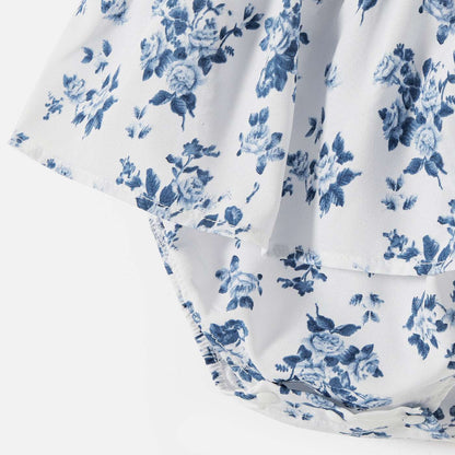 Family Matching Allover Floral Print Shirred Tiered Dresses and Short-sleeve Colorblock T-shirts Sets - 20578511