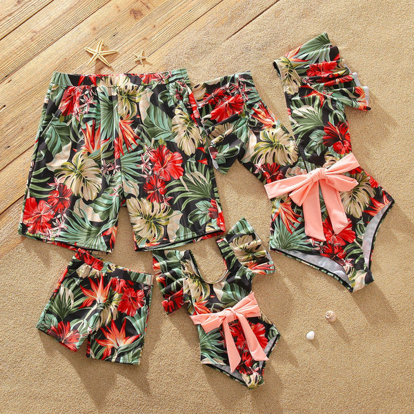 Family Matching Allover Floral Print Swim Trunks Shorts and Ruffle Belted One-Piece Swimsuit - 20324796