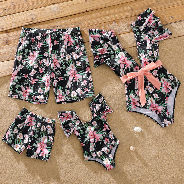 Family Matching Allover Floral Print Swim Trunks Shorts and Ruffle-sleeve Belted One-Piece Swimsuit - 20330956