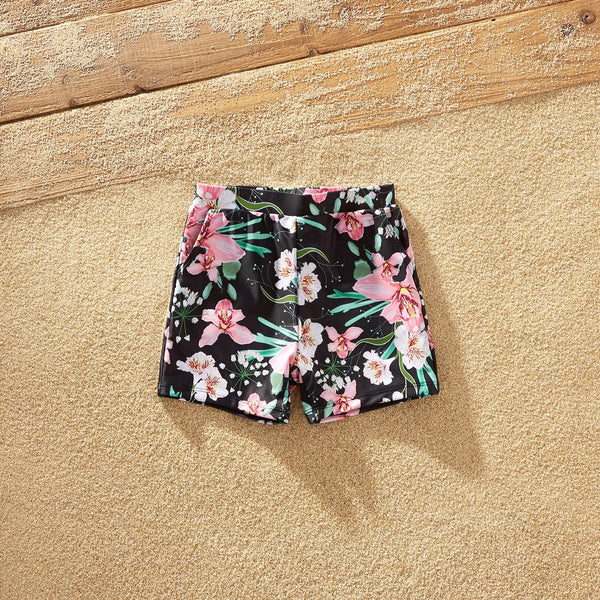 Family Matching Allover Floral Print Swim Trunks Shorts and Ruffle-sleeve Belted One-Piece Swimsuit - 20330956