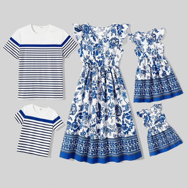 Family Matching Allover Floral Print V Neck Flutter-sleeve Dresses and Short-sleeve Striped T-shirts Sets - 20631990