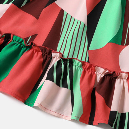 Family Matching Allover Geo Print Halter Belted Dresses and Short-sleeve Colorblock T-shirts Sets - 20554428