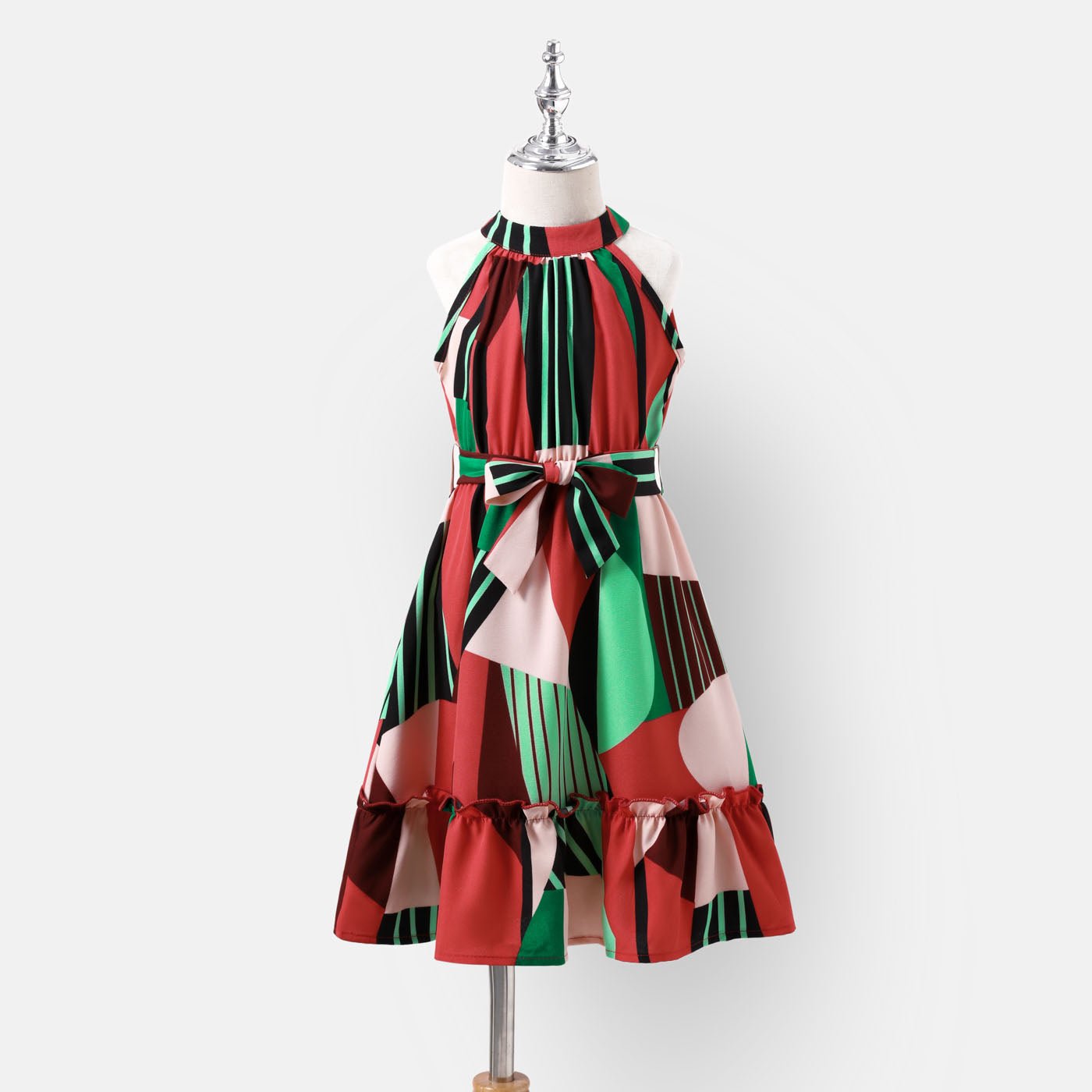 Family Matching Allover Geo Print Halter Belted Dresses and Short-sleeve Colorblock T-shirts Sets - 20554428