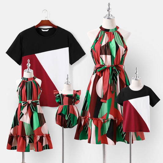 Family Matching Allover Geo Print Halter Belted Dresses and Short-sleeve Colorblock T-shirts Sets - 20554428