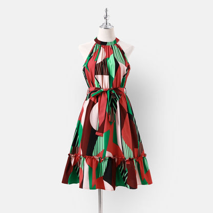 Family Matching Allover Geo Print Halter Belted Dresses and Short-sleeve Colorblock T-shirts Sets - 20554428
