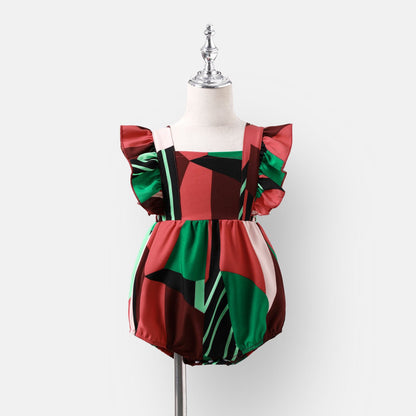 Family Matching Allover Geo Print Halter Belted Dresses and Short-sleeve Colorblock T-shirts Sets - 20554428