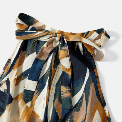 Family Matching Allover Geo Print Halter Belted Midi Dresses and Short-sleeve Colorblock T-shirts Sets - 20583205