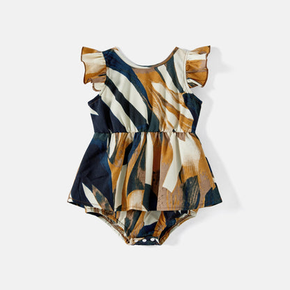 Family Matching Allover Geo Print Halter Belted Midi Dresses and Short-sleeve Colorblock T-shirts Sets - 20583205