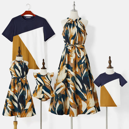Family Matching Allover Geo Print Halter Belted Midi Dresses and Short-sleeve Colorblock T-shirts Sets - 20583205